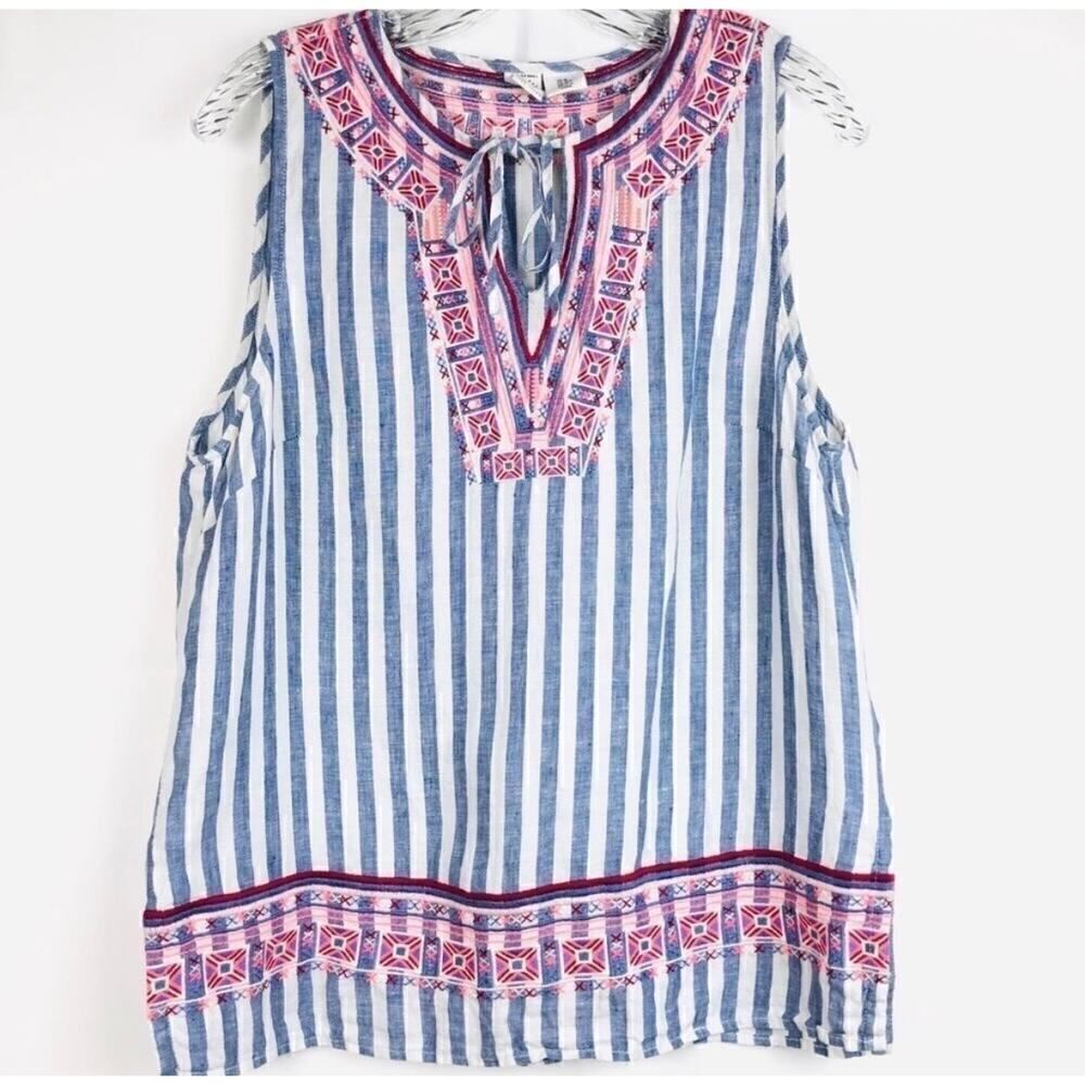 Artisanny 100% Linen Embroidered Boho Top Striped Blue Pink Lightweight Summer